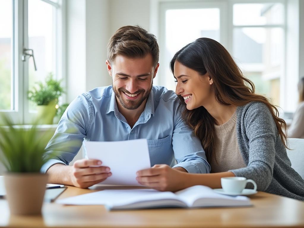 Happy couple reviewing documents at a bright, sunlit table with a coffee cup and plant in the foreground.