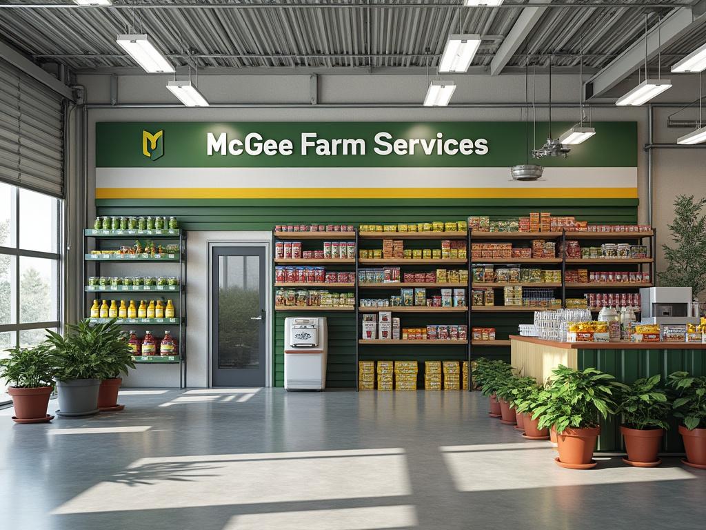 Interior of McGee Farm Services store with shelves of gardening supplies, canned goods, and plants.