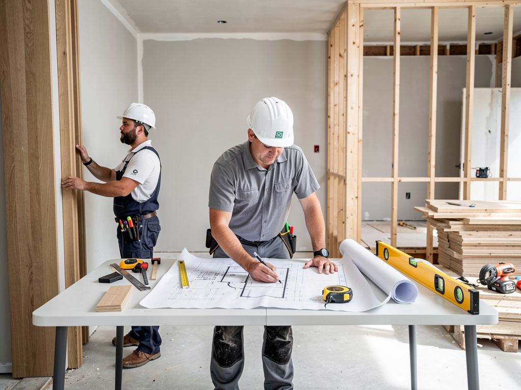 Construction workers reviewing blueprints at a home renovation site with framing, tools, and building materials