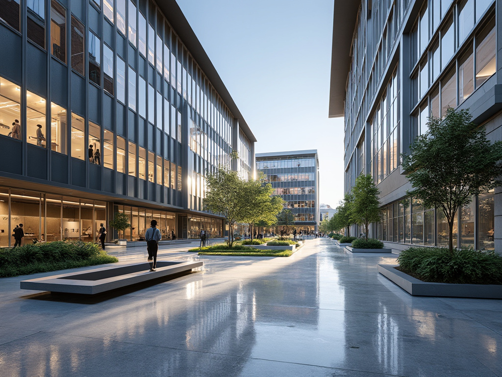 Modern glass office buildings with landscaped courtyard, trees, pedestrians, and wet reflective walkway at dusk
