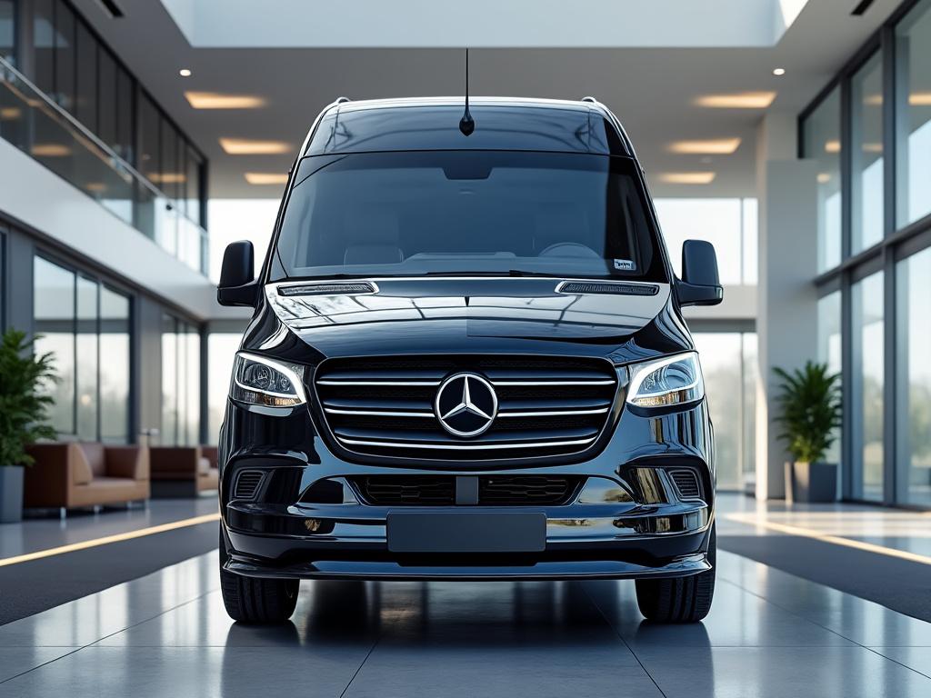 Black Mercedes-Benz van parked inside a modern, glass-walled showroom with natural lighting and indoor plants. Black Mercedes-Benz van parked inside a modern, glass-walled showroom with natural lighting and indoor plants.