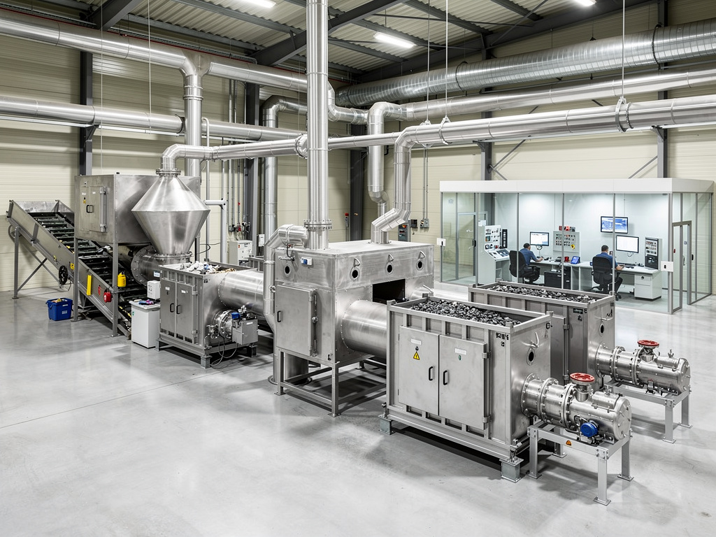 Modern industrial processing plant with stainless steel machinery, ventilation ducts, conveyor system, and control room operators