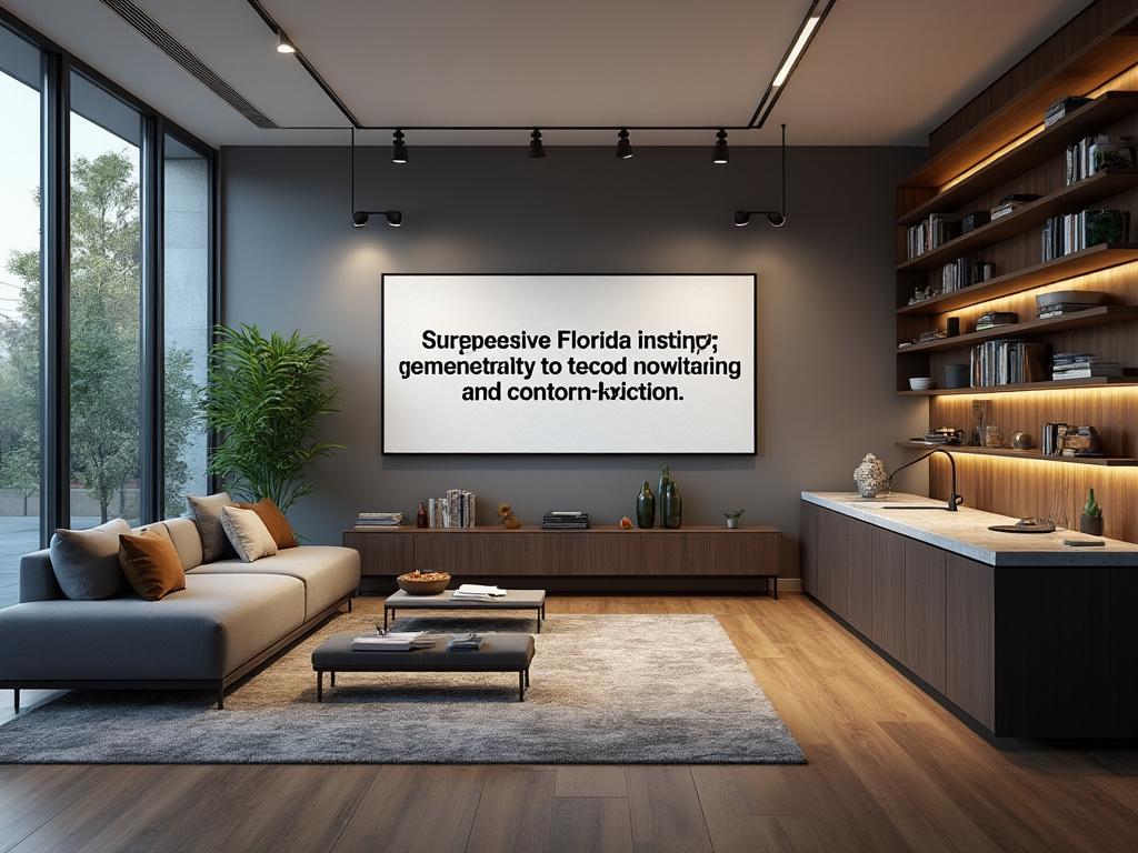 Modern living room interior with large wall art, cozy gray sofa, wooden shelves with warm lighting, and large windows overlooking greenery.