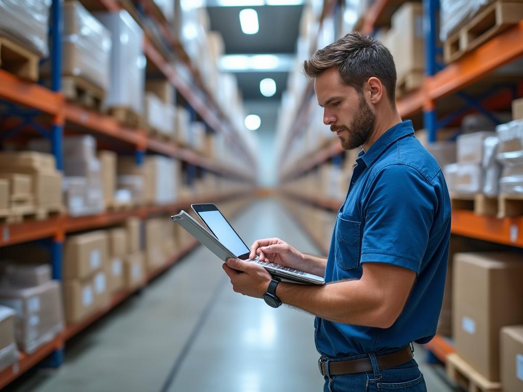 Warehouse worker using digital tablet while managing inventory, surrounded by neatly stacked boxes on shelves.