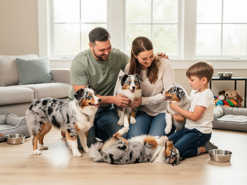 Happy family playing with Australian Shepherd dogs in a bright living room Happy family playing with Australian Shepherd dogs in a bright living room
