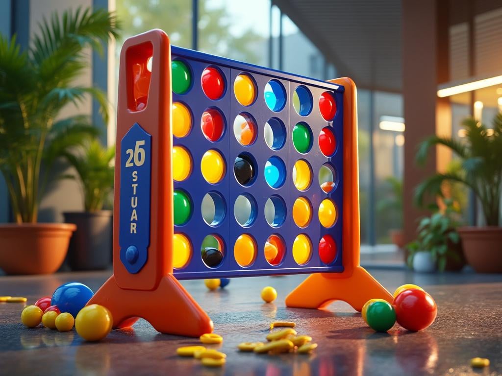 Vibrant inflatable obstacle course with people playing under a sunny sky, surrounded by palm trees and colorful structures.