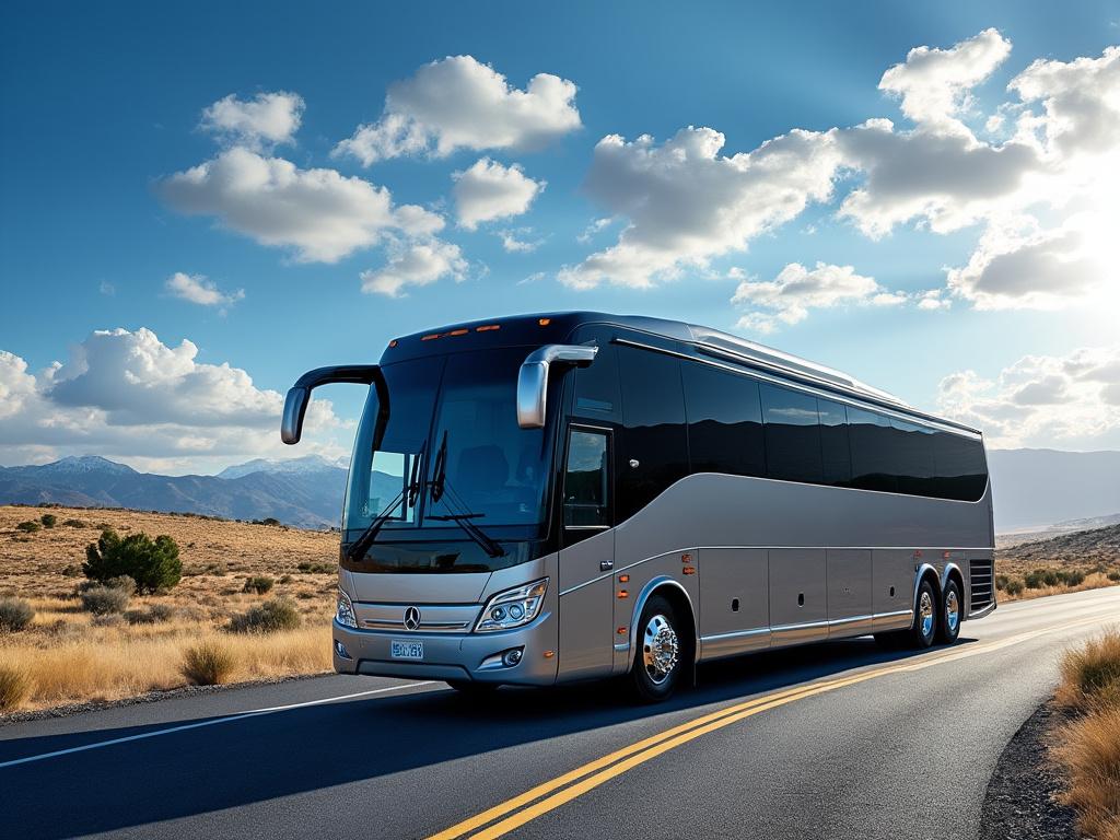 Luxury coach bus driving on open desert highway under blue sky with clouds.