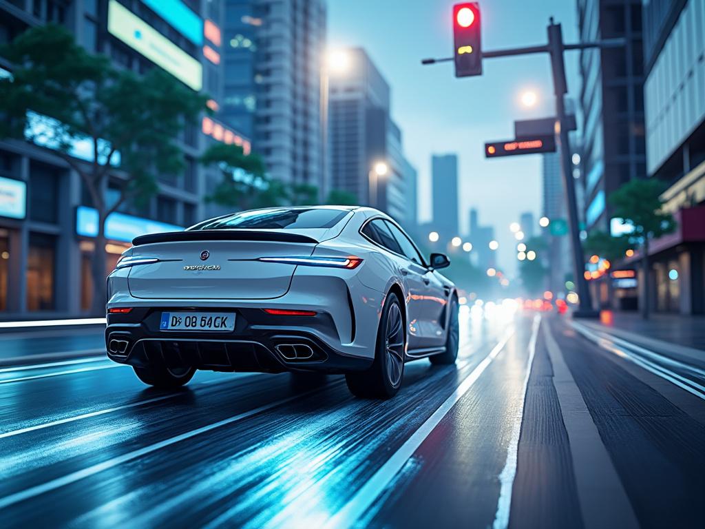 Carro desportivo branco em rua da cidade à noite com semáforo vermelho e edifícios iluminados ao fundo.