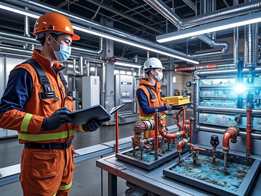 Two engineers in safety gear and masks inspecting industrial machinery in a modern facility with tablet and yellow clipboard.