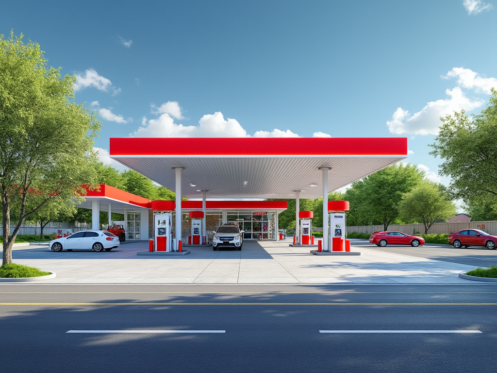 Modern gas station with red and white canopy and multiple fuel pumps, surrounded by trees and vehicles parked on the premises.