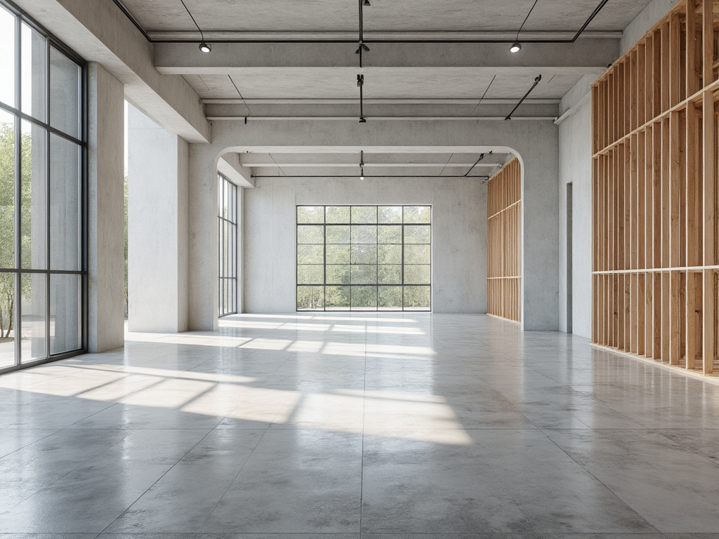 Spacious modern loft interior with large windows, concrete floors, and wooden partitions.