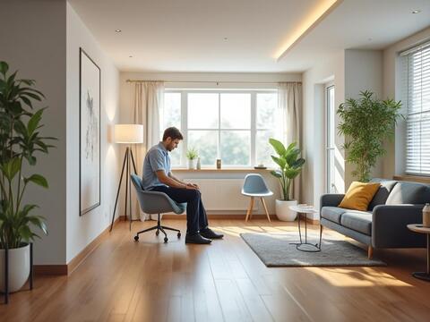 Man sitting in a modern living room with large windows, indoor plants, and a comfortable sofa.