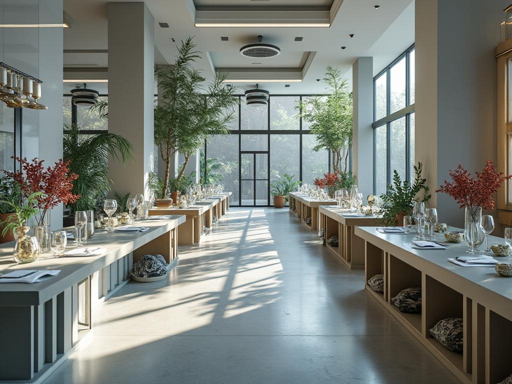 Modern dining area with large windows, elegant table settings, and lush indoor plants