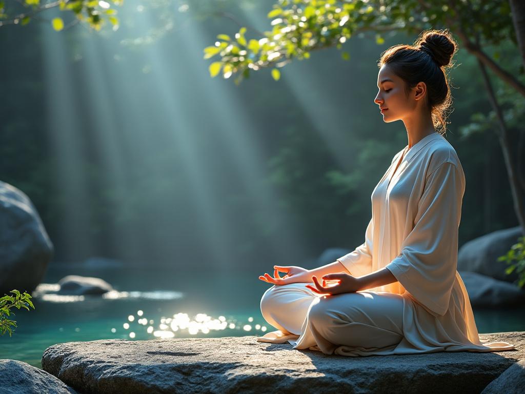 Woman meditating in serene outdoor setting by a tranquil lake, surrounded by nature with sunlight streaming through trees.