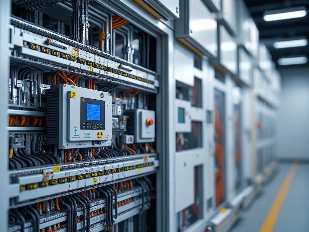 Detailaufnahme eines Schaltschrankes mit Kabeln und Steuergeräten in einer technologischen Umgebung.