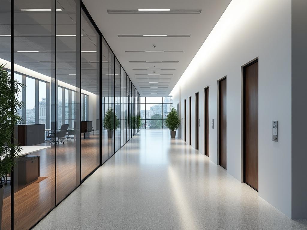 Pasillo moderno de oficinas con paredes de vidrio, suelo brillante y plantas decorativas.