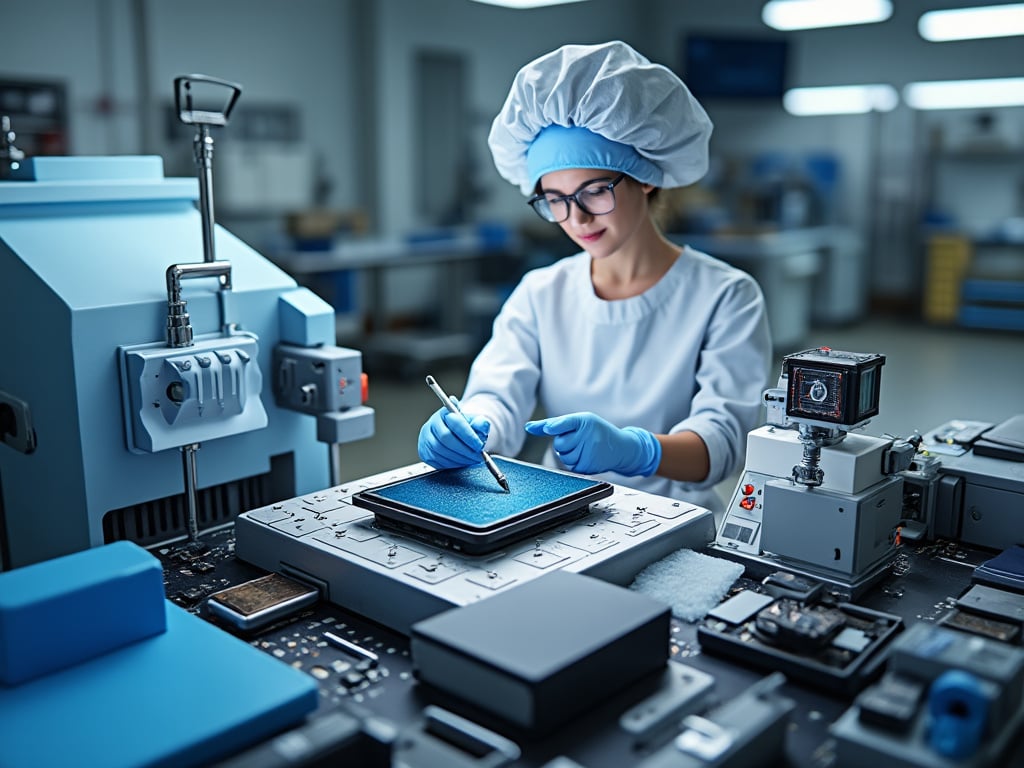 Technician in cleanroom suit inspecting electronic components with precision instruments on a laboratory bench.