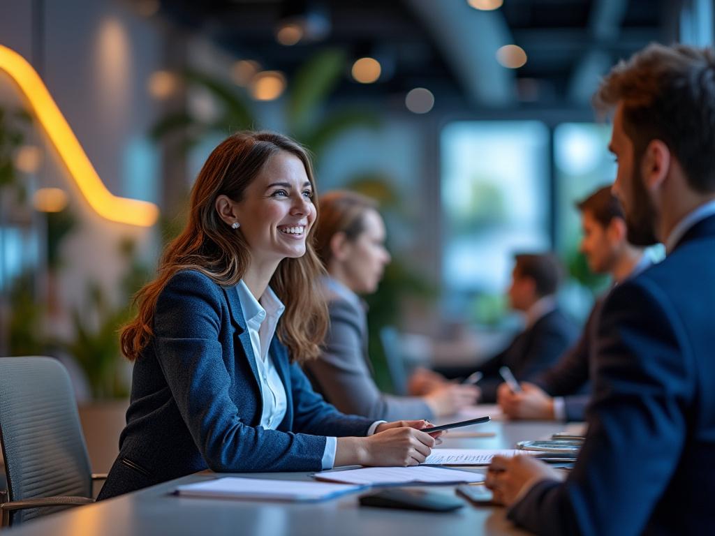 Business meeting in modern office with smiling professionals discussing projects.