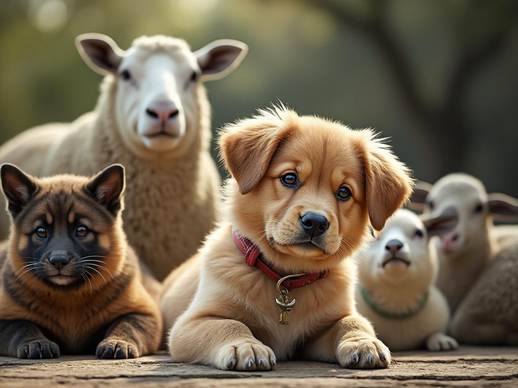 Cute puppy with fluffy fur lying beside a sheep, a lamb, and another dog, outdoors on a sunny day.