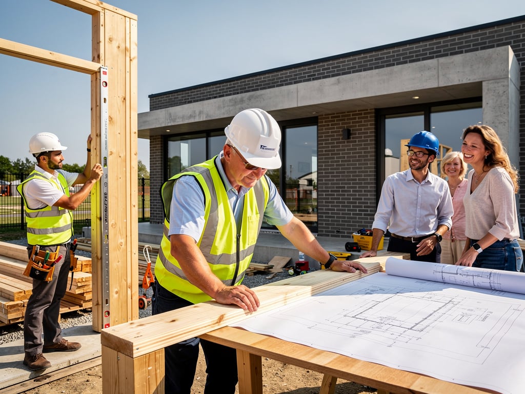 Construction team reviewing blueprints with clients at modern building site with wooden framing