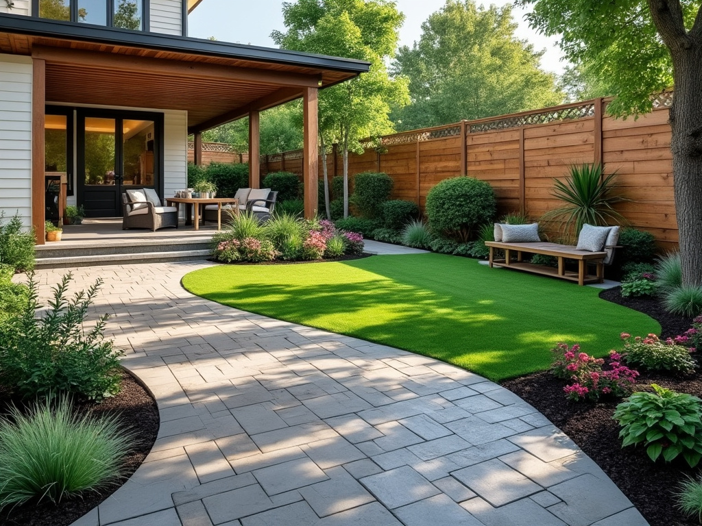 A modern backyard patio with outdoor furniture, lush landscaping, and a well-maintained lawn, surrounded by a wooden privacy fence and mature trees.