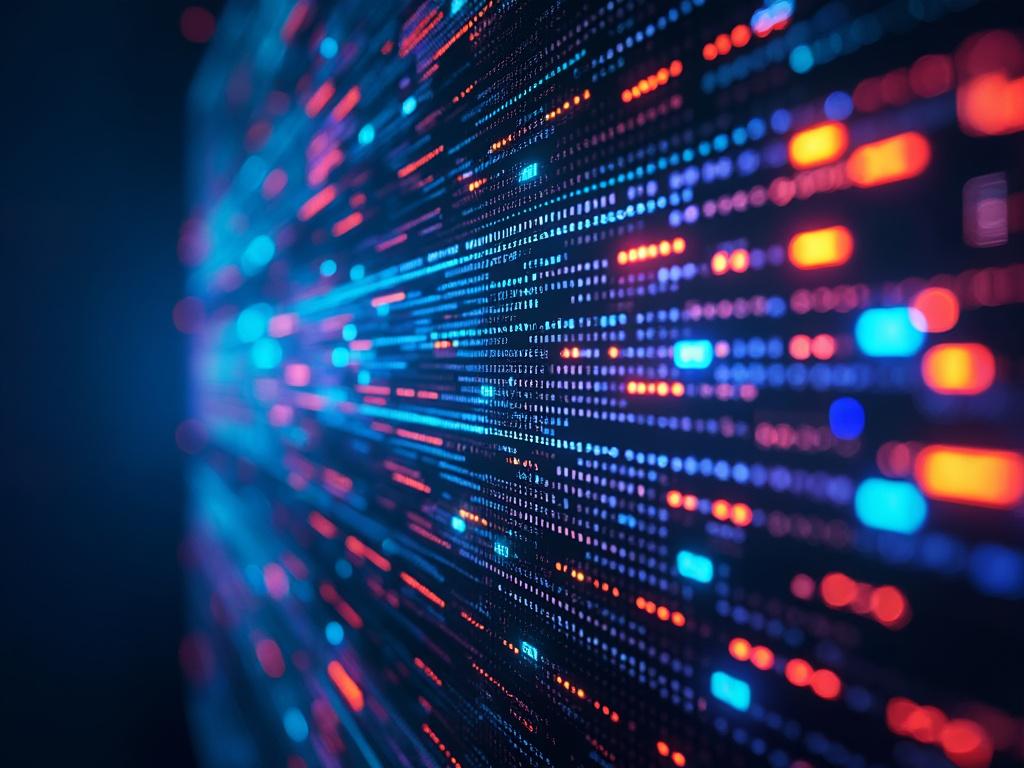 Abstract digital data stream with glowing blue and red lines on a dark background.