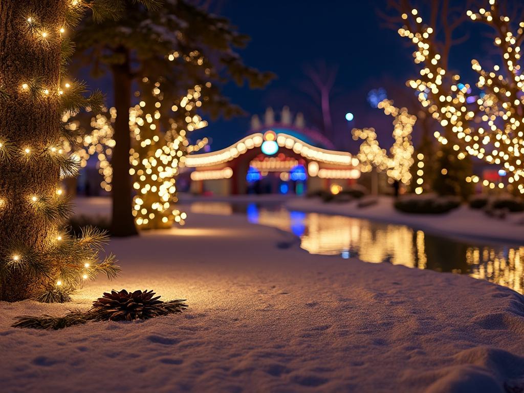 Snow-covered ground with warmly lit trees and reflections near a festive building at night.
