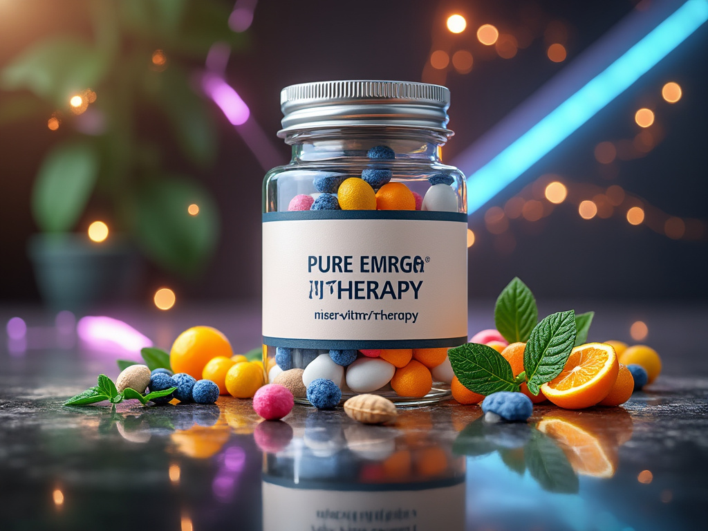 Colorful jar of vitamins labeled 'Pure Emrg Therapy' surrounded by fresh mint leaves and citrus on reflective surface with bokeh lights in background.