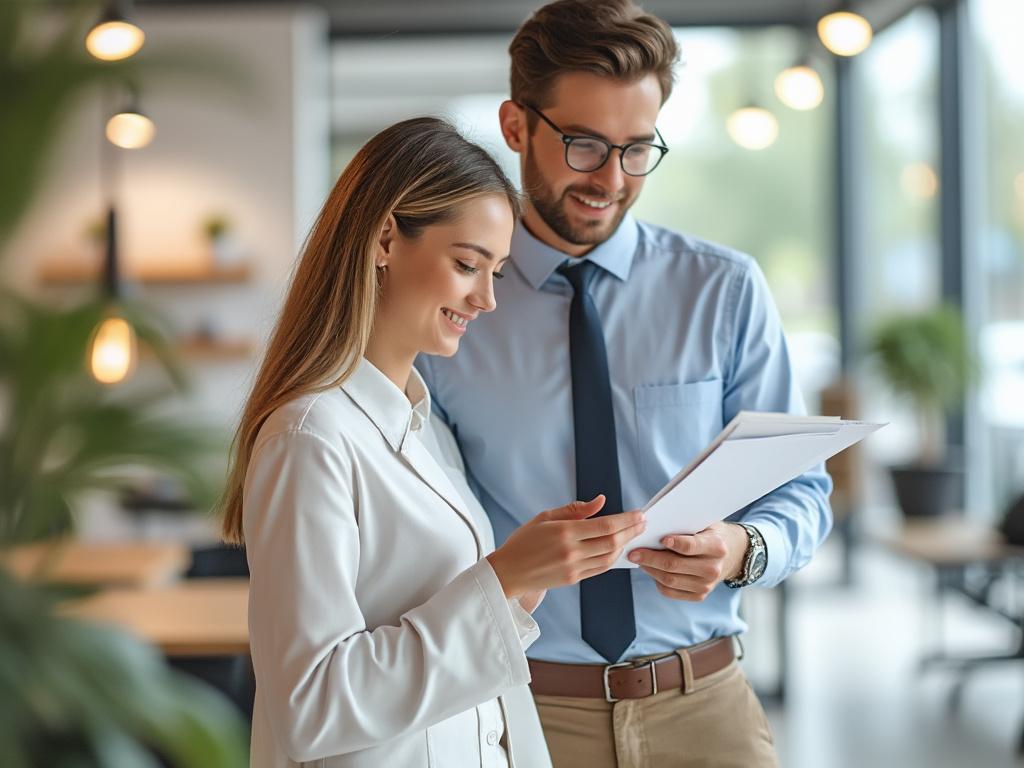 Two colleagues discussing documents in a bright modern office environment.