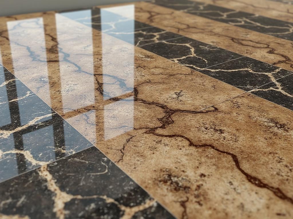 Sol en marbre poli avec motifs bruns et noirs, reflets de lumière naturelle.