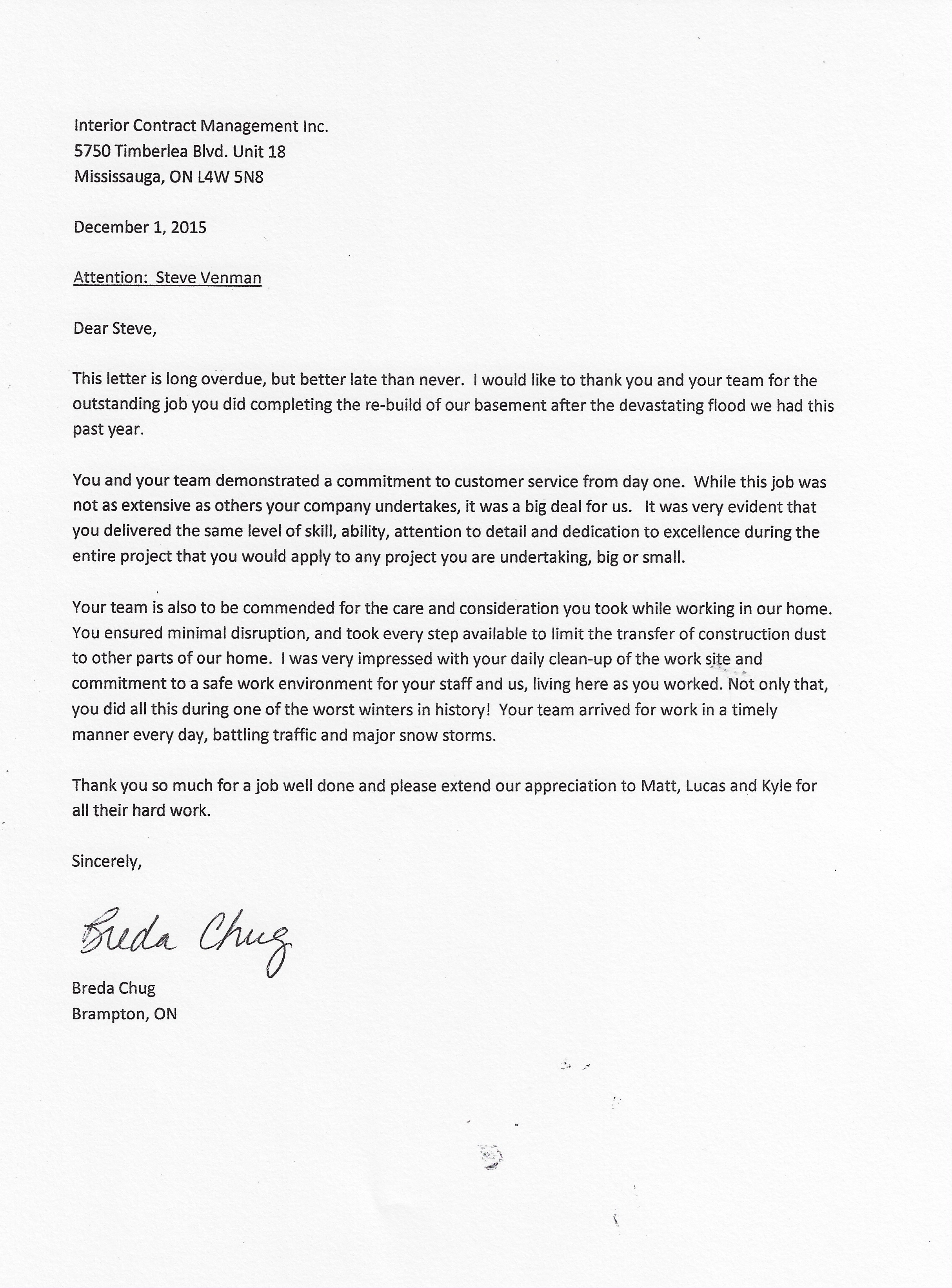 Client Thank You Notes are always appreciated and passed on to Staff.