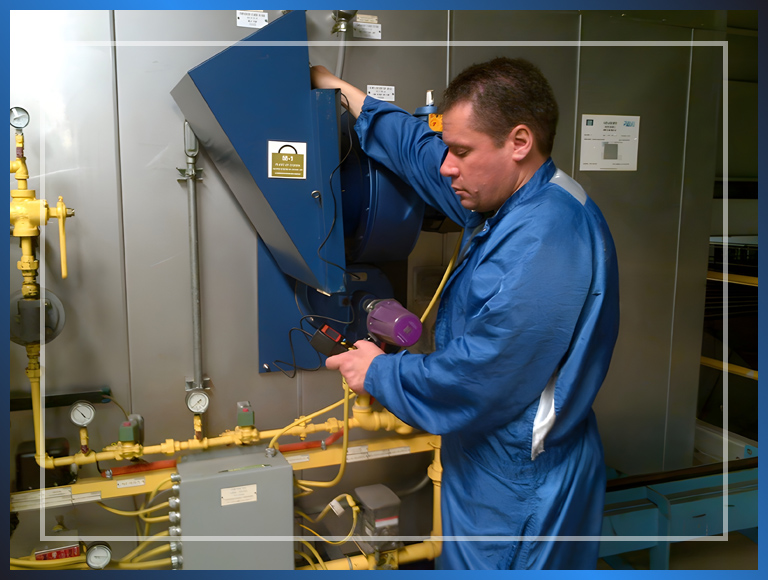 A man in a blue jumpsuit working a machine