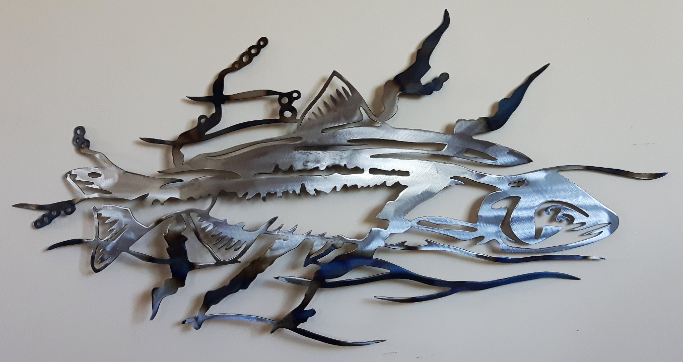 Metal art ,Salmon in kelp, Campbell river BC , Vancouver island BC