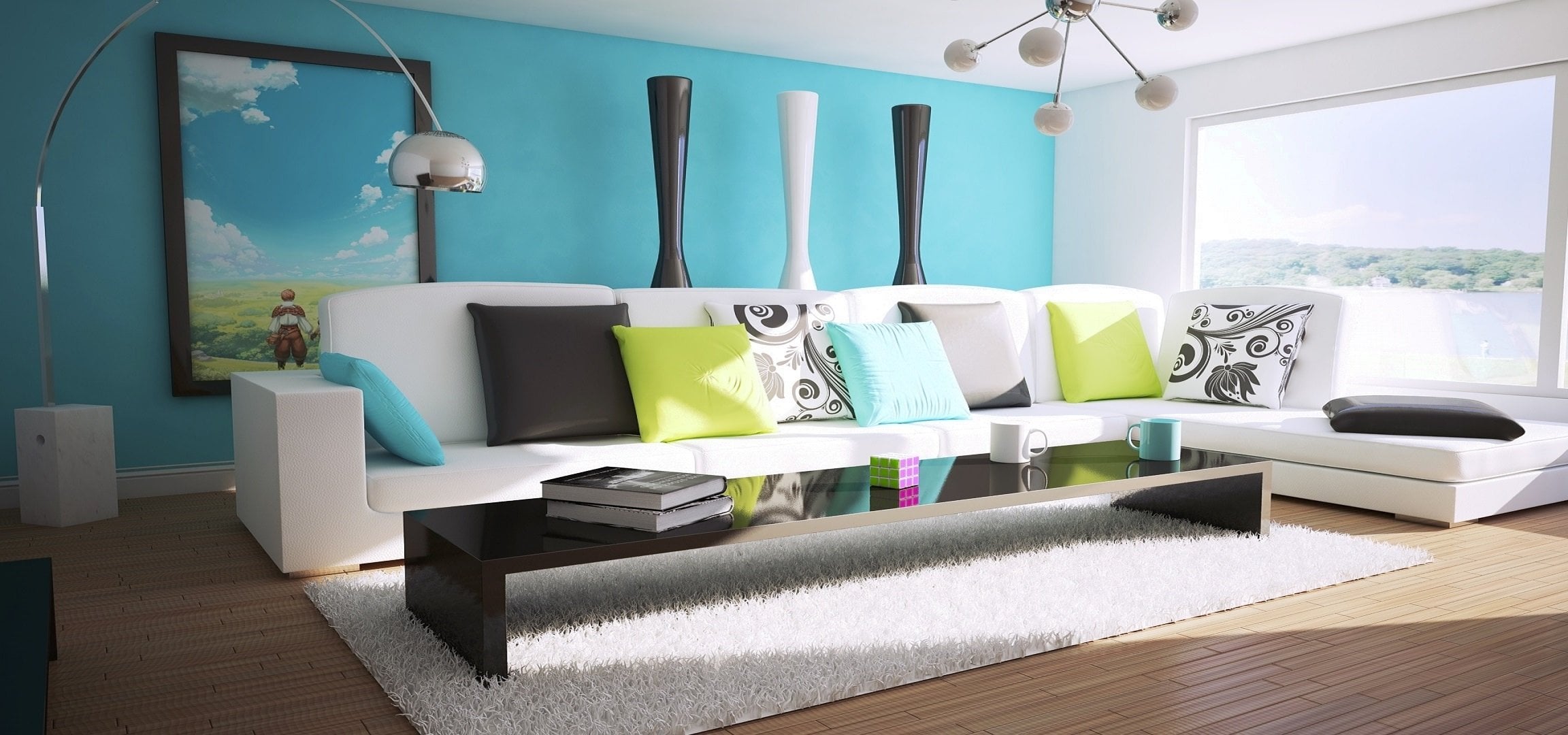 Modern living room with white sectional sofa, colorful cushions, black coffee table, and blue accent wall.