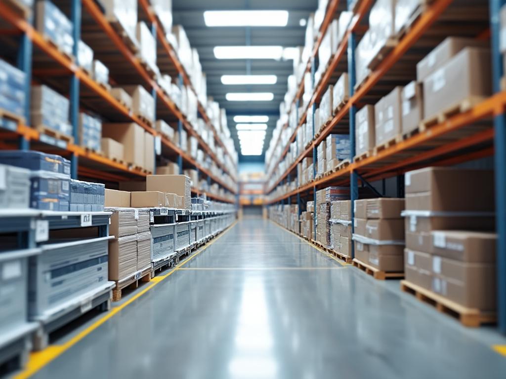 Modern warehouse interior with tall shelving units and stacked cardboard boxes on pallets, indicating organized storage and distribution.