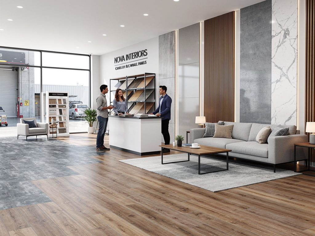 Modern flooring and wall panel showroom with wood, marble, and concrete finishes, design consultants, and contemporary living room display