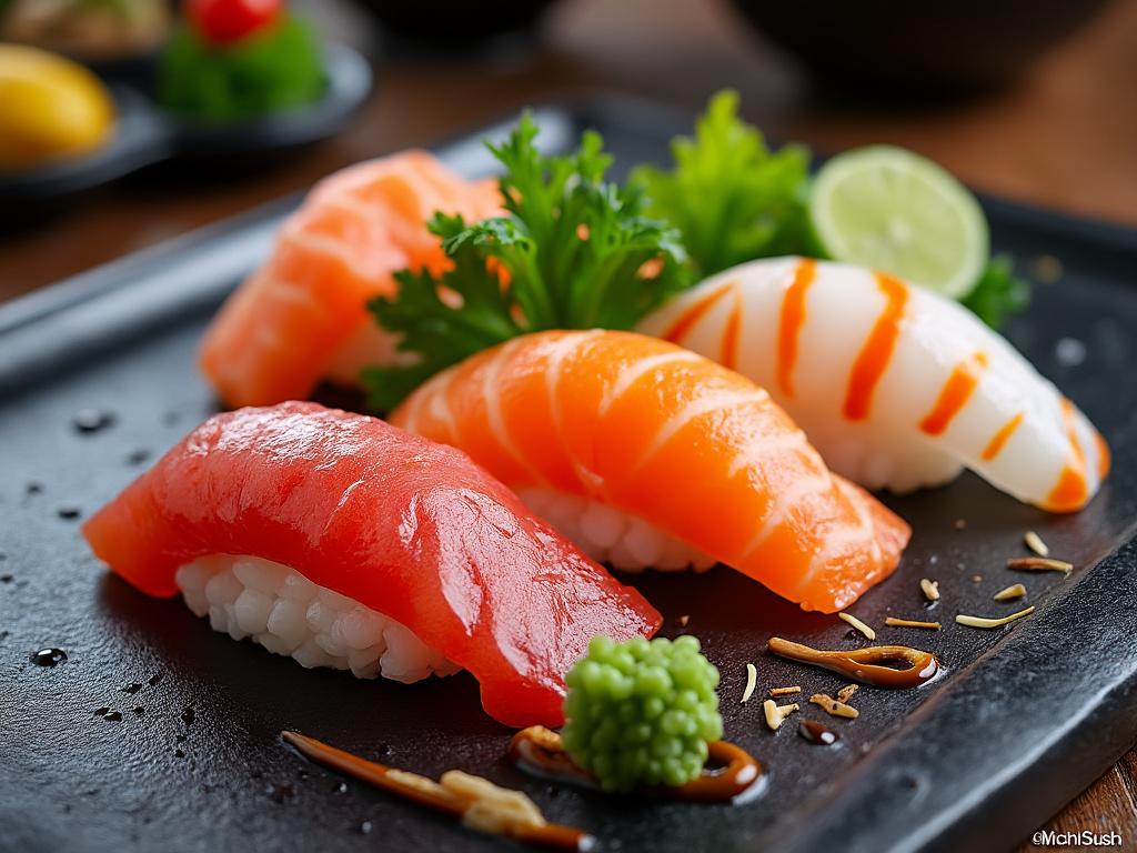 Close-up of assorted nigiri sushi pieces on a black plate, featuring tuna, salmon, and squid with garnish.