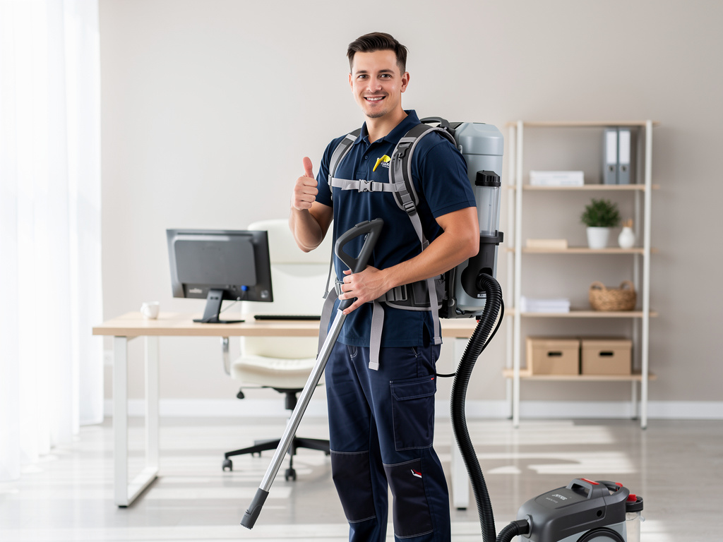 Professional house cleaners vacuum carpet, polish refrigerator, mop tile floor, and clean glass windows in a modern home