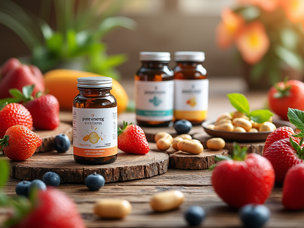 Bottles of dietary supplements on wooden coasters surrounded by fresh strawberries, blueberries, and lemons, with plants and an orange in the blurred background.