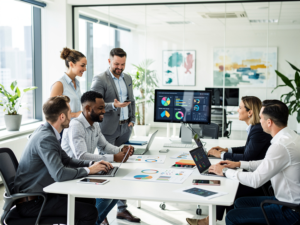 Business team meeting in modern office analyzing data charts and reports on screens