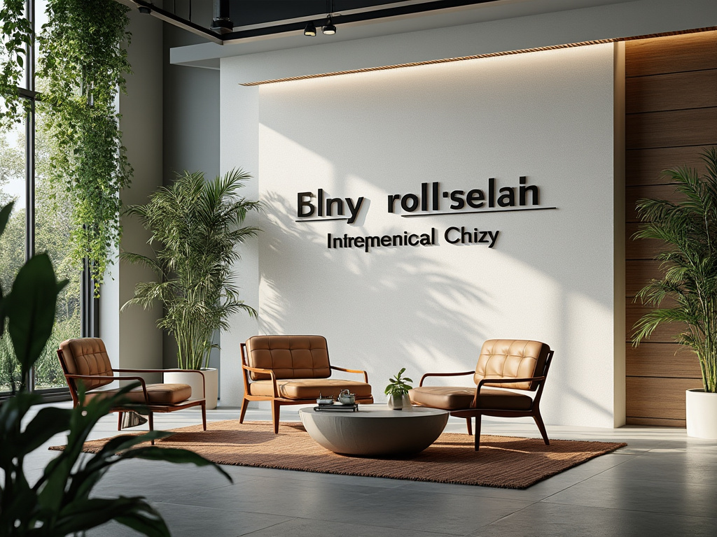 Modern office lobby with beige leather chairs, a round coffee table, indoor plants, and wall signage in a bright, sunlit space.