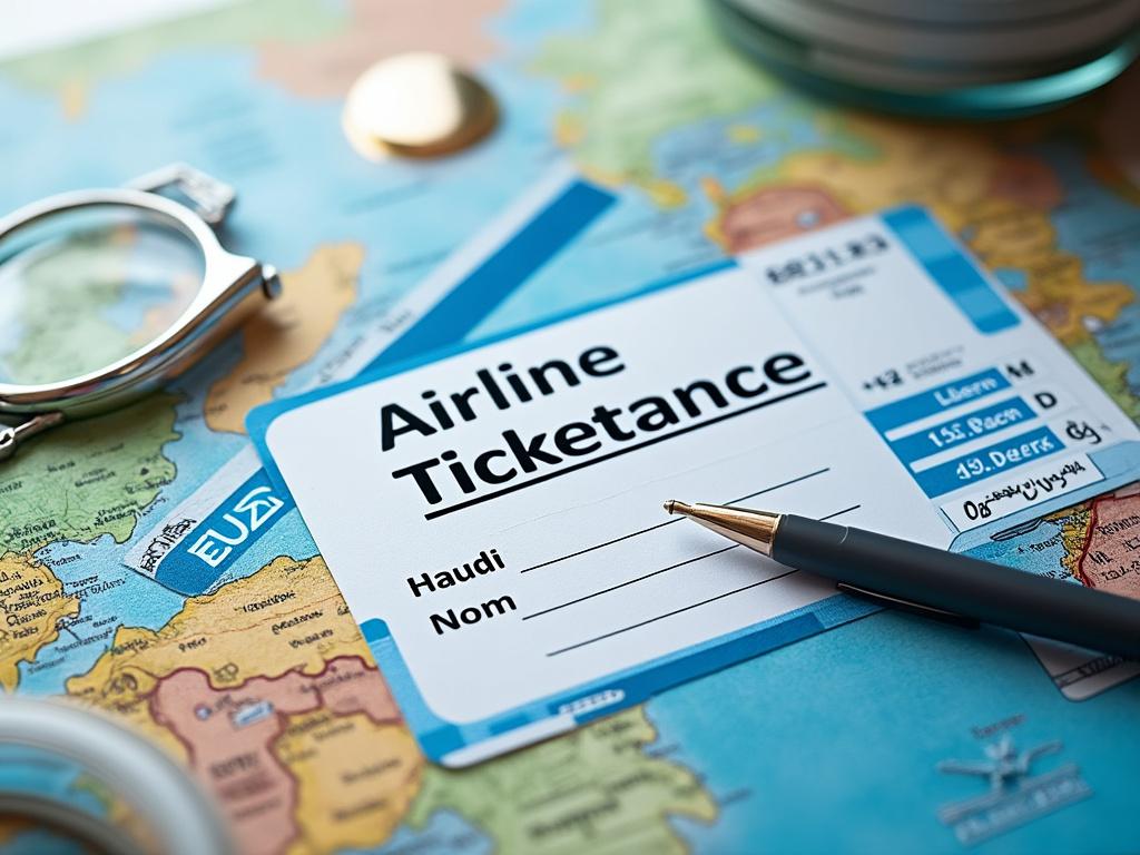 Airline ticket on world map with pen and magnifying glass.