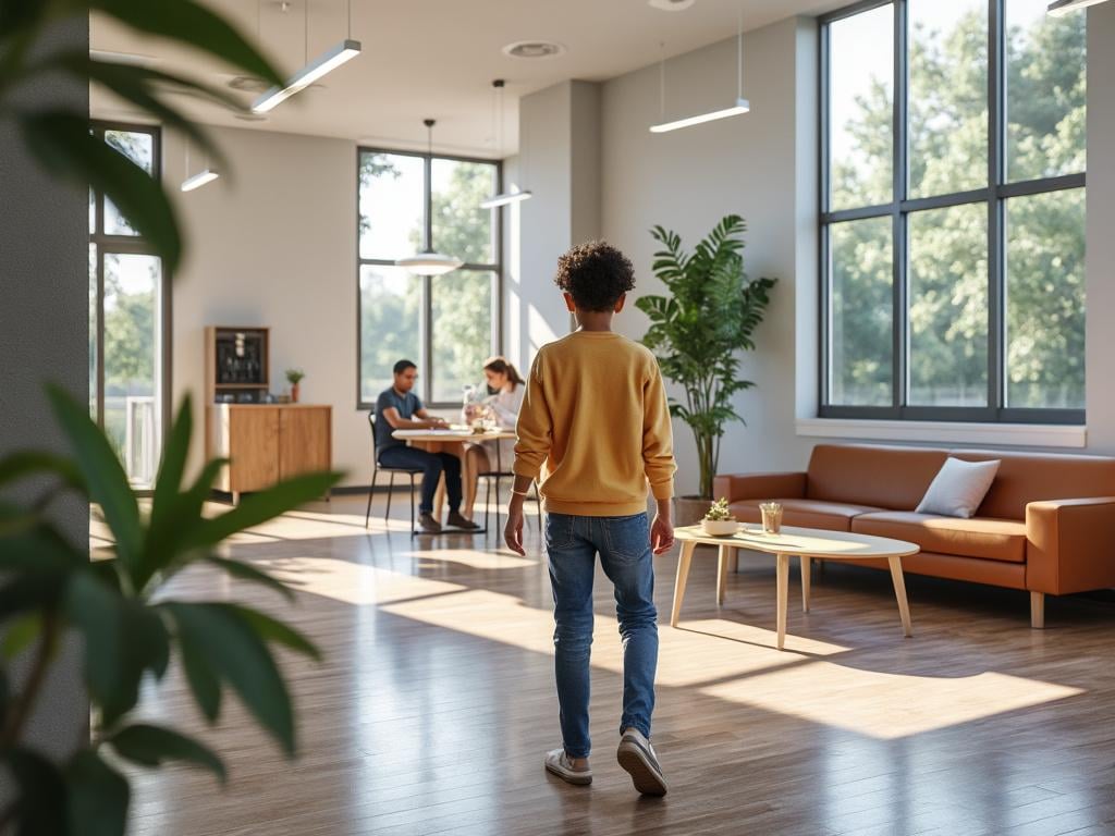 Person walking into a bright modern lounge with large windows, indoor plants, sofa, and people working at a table