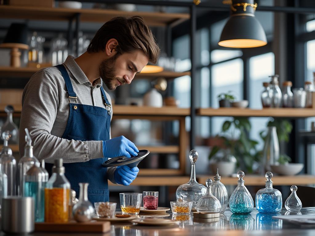 Man in blue apron and gloves engaging in perfume mixing with glass bottles and colorful liquids on a table in a modern workshop.