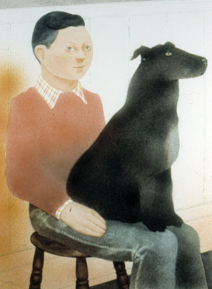 Dennis Geden, Boy with Dog, Watercolour on paper, 1983, 81x61.5cm