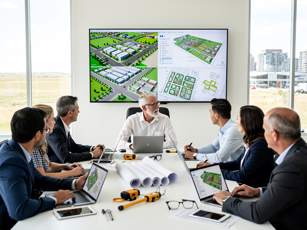 Urban planning team meeting reviewing architectural site plans and 3D development designs on a conference room screen Urban planning team meeting reviewing architectural site plans and 3D development designs on a conference room screen