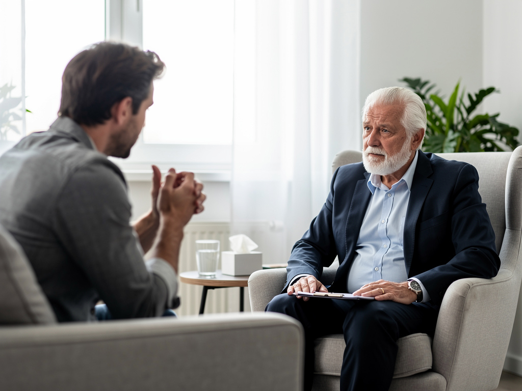 Senior therapist listening to male patient during counseling session in bright office