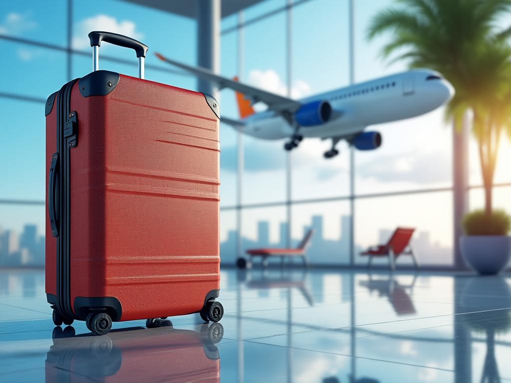 Red suitcase in an airport terminal with a plane visible through large windows.