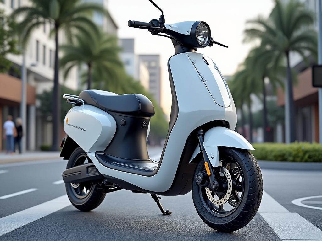 Modern white electric scooter on city street with palm trees and urban buildings in the background. Modern white electric scooter on city street with palm trees and urban buildings in the background.