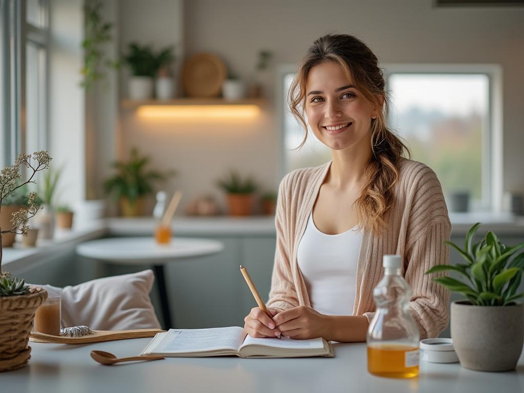 Woman smiling at kitchen table with notebook and plants Woman smiling at kitchen table with notebook and plants